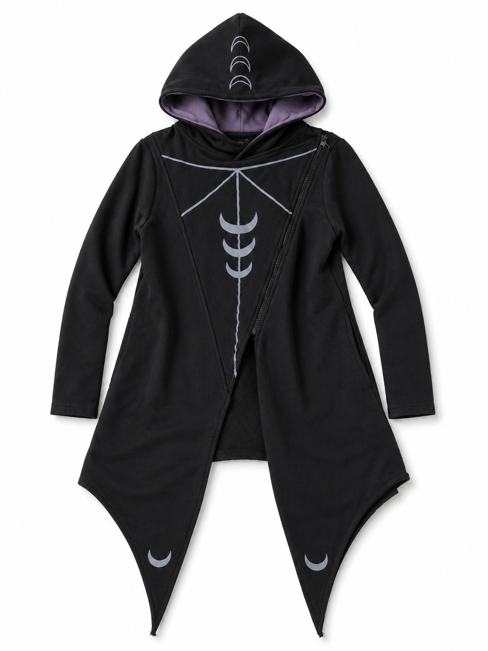 Black Hooded Asymmetric Cape with Purple Lining